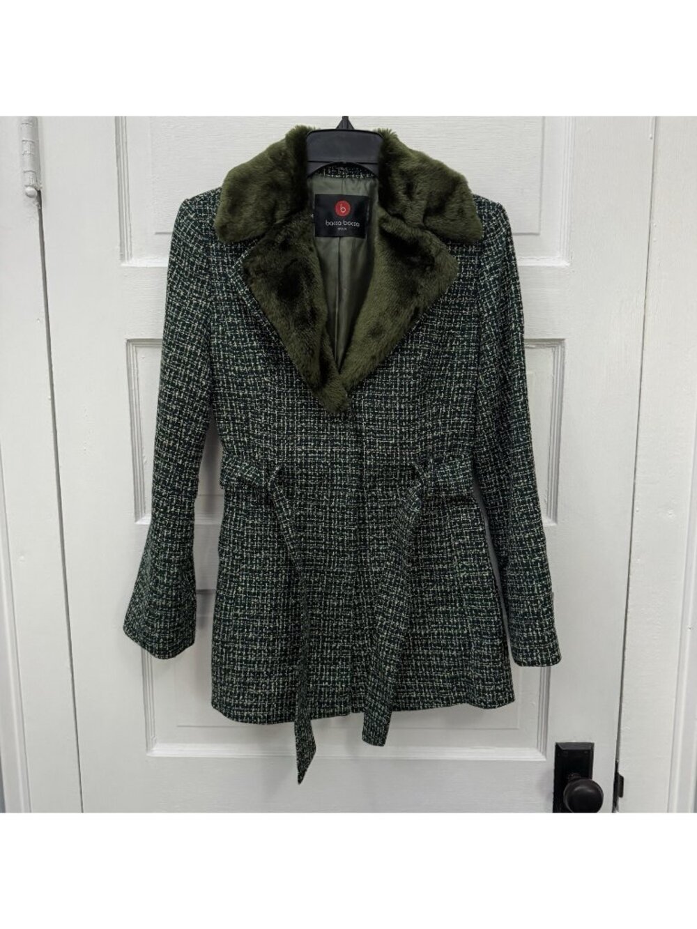Bacca Bocca Spain Coat Womens 34 XS Green Wool Tweed Removable Collar Belted